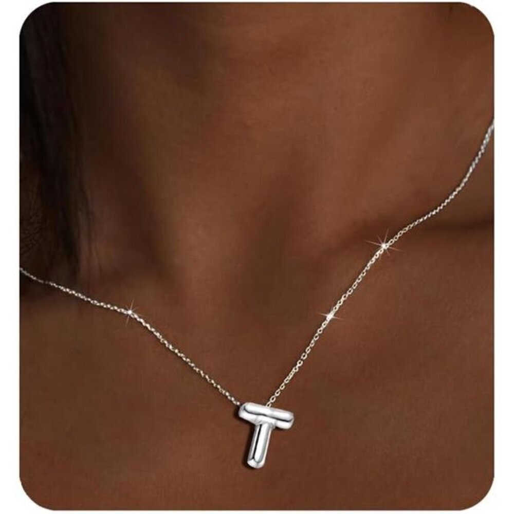 Silver Initial Pendant Necklace – Personalized Letter “T” Trendy Stuffed Bubble